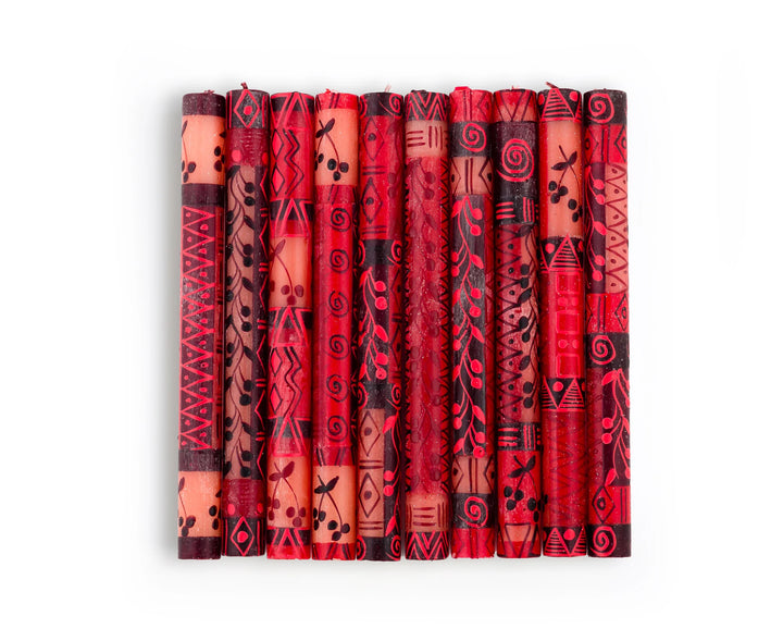 10 Berry Blaze tapers showing the 10 different designs in this RED collection!  Bright red with darker berry design mixed with geometric design.  