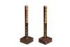 Wood block taper candle holders in dark brown stain holding an Animal Print  taper pair. Hand crafted by Detroit artisans out of reclaimed wood.