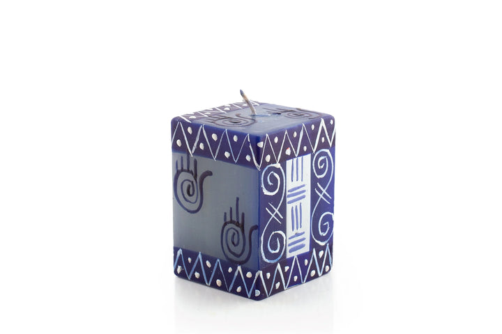 2" x 2" x 3" Hamsa pillar painted in blue & white geometric designs with the Hamsa Hand included in the design.
