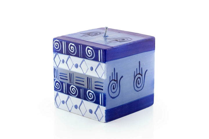3" x 3"x3"  Hamsa pillar painted in blue & white geometric designs with the Hamsa Hand included in the design
