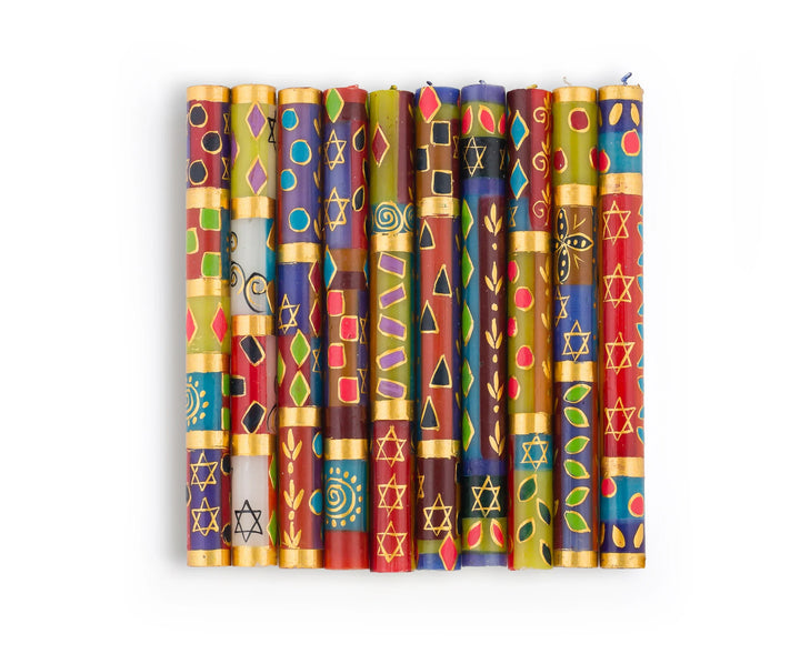 10 Judaica 9" dinner tapers in the designs of this collection.  Rich colors of red, blue, light green, purple & turquoise with touches of gold and star of David intertwined in the design.