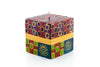 3" x 3"x 3" Judaica cube candle. Rich colors of red, blue, light green, purple & turquoise with touches of gold and star of David intertwined in the design.