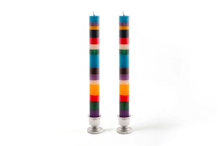 Small hand made pewter candle taper holders with Memphis Stripe taper candles in turquoise, cream, red, green and purple!!