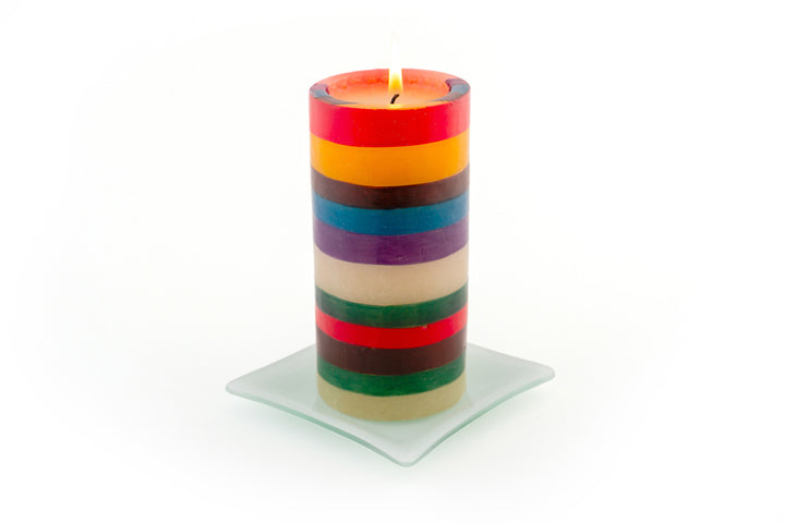 Memphis Stripe 3x6 pillar on a white glass candle coaster.  Great base for your pillars & cubes.