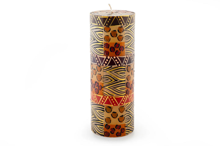 Animal Print 3" x 8" pillar candle. Hand crafted. Each candle is painted with 'prints' of African animals and touches of gold.  Fair Trade products. 