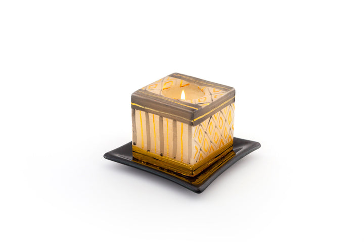 Celebration 3x3x3 cube on a black glass candle coaster.  Great base for your pillars & cubes!