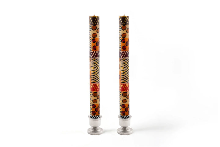 Animal Print 9" taper pair in short pewter taper holders. Hand crafted. Each candle is painted with 'prints' of African animals and touches of gold.  Fair Trade products. 