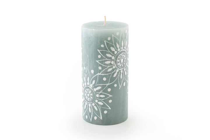 Henna Duck Egg 3" x 6" pillar candle with a henna design painted in white on beautiful duck egg green candle.   