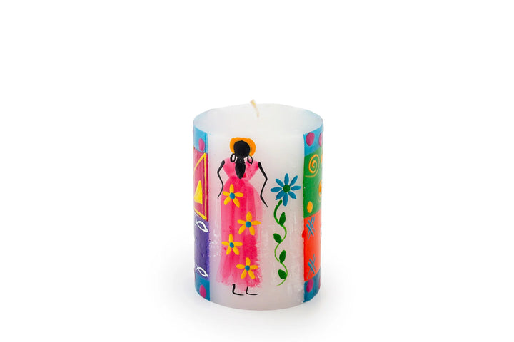 African Ladies 3" x 4" pillar. The design has a white background with different African Ladies painted on the sides - with attitude! Each in a colorful frock with arm up or on hips. Fair Trade.