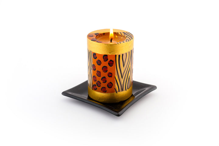 Animal Print 3x4 pillar on a black glass candle coaster.  Great base for your pillars & cubes.