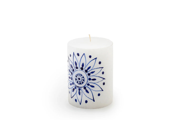 Henna Blue on White 3" x 4" pillar.  The blue henna design is painted on white candles.