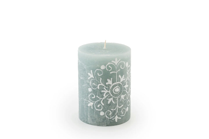 Henna Duck Egg 3" x 4" pillar candle with a henna design painted in white on beautiful duck egg green candle.   