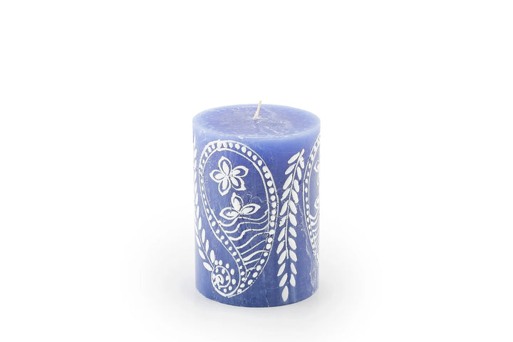 Henna white on blue 3" x 4" pillar.  Henna designs painted in white on blue candles.  