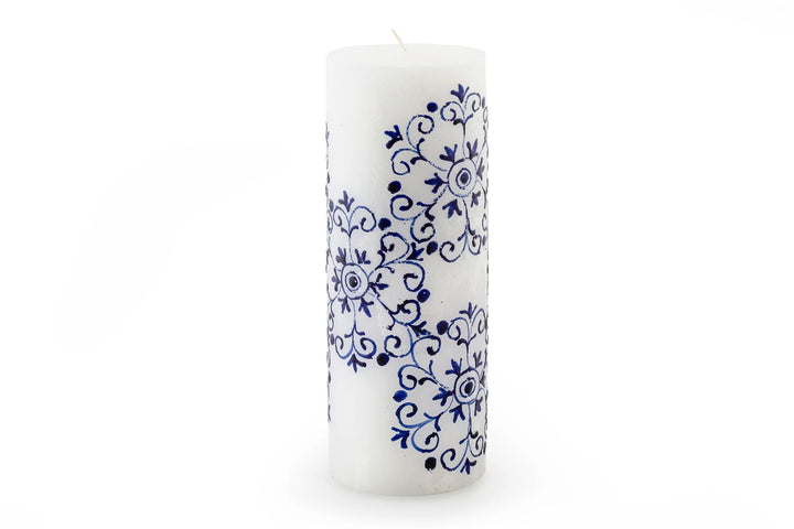 Henna Blue on White 3" x 8" pillar.  The blue henna design is painted on white candles.