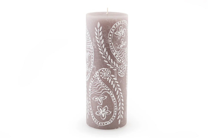 Henna Brown 3" X 8" pillar candle.  Handmade and hand painted with white henna design painted on a frosty brown candle.  Fair Trade home decor. 