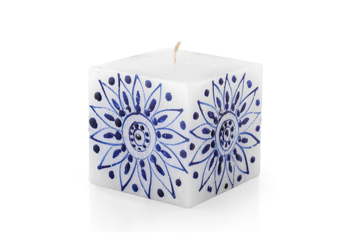 Henna Blue on White 3" x 3" x3" cube.  The blue henna design is painted on white candles.