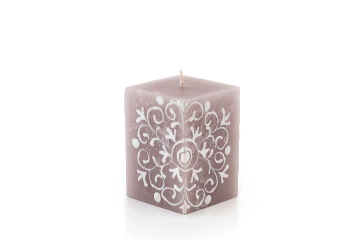 Henna Brown 2" x 2" x 3" cube candle.  Handmade and hand painted with white henna design painted on a frosty brown candle.  Fair Trade home decor. 