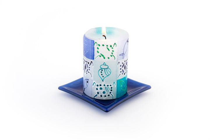 Arniston 3x4 pillar on a blue glass candle coaster.  Great base for your pillars & cubes.