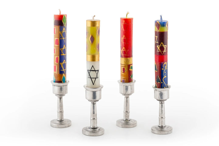 Colorful Judaica design hand painted on 4" taper Shabbat candles. 4 different designs displayed in small pewter taper holders.  Fair Trade made in South Africa.