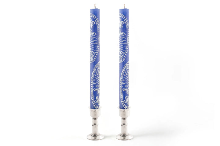 Henna white on blue candle matched taper pair in tall pewter candle holders.  Henna designs painted in white on blue candles.  