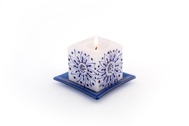 Henna Blue on White 3x3x3 cube on a blue glass candle coaster. Stunning!  Great base for your pillars and cubes.