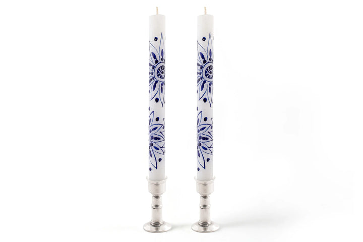 Henna Blue on White matched taper pair in tall pewter taper holders.  The blue henna design is painted on white candles.