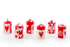 6 Valentines hand painted 2" votives that come in a 6-pack gift box. Red & white  with whimsy hearts, dots, and circle graphics.  Fair trade home decor. 