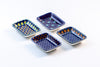 4 ceramic rectangle shape Tiny dish with Indigo blue base color. Dots & Stripes painted on top in yellow, red, orange and jasper green.