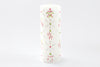 Whimsy Christmas 3" x 8" Pillar Candle. This one has a white base color and hand painted with trees, snow flakes and Christmas ornaments in white with red, green highlights.