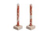 Wood block taper candle holders with white wash stain holding a Henna Red on White taper pair. Hand crafted by Detroit artisans out of reclaimed wood.