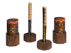 Hand made pillar candle & taper candle holders in dark reclaimed wood. They hold a pillar candle on one end, turn them over and they hold a taper candle! Here two are holding Animal Print pillar candles, and two are holding Animal Print taper candles!