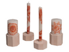 Hand made pillar candle & taper candle holders in white wash reclaimed wood. They hold a pillar candle on one end, turn them over and they hold a taper candle! Here two are holding Henna pillar candles, and two are holding Henna taper candles!