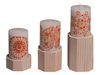 Wooden pillar holders in white wash reclaimed wood.  Three sizes; small, medium, and tall.  Here is one of each size holding Henna pillar candles.