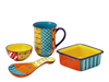 Carousel Ceramic collection; mug, small bow, small square, and spoon rest. Colorful and fun!  Hand painted in orange, turquoise, red and yellow, with dots, swirls and stripe overlay designs.