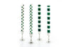 Two green dots on white candle tapers and two green stripe on white candle tapers in pewter candle holders.  Hand crafted and Fair Trade.